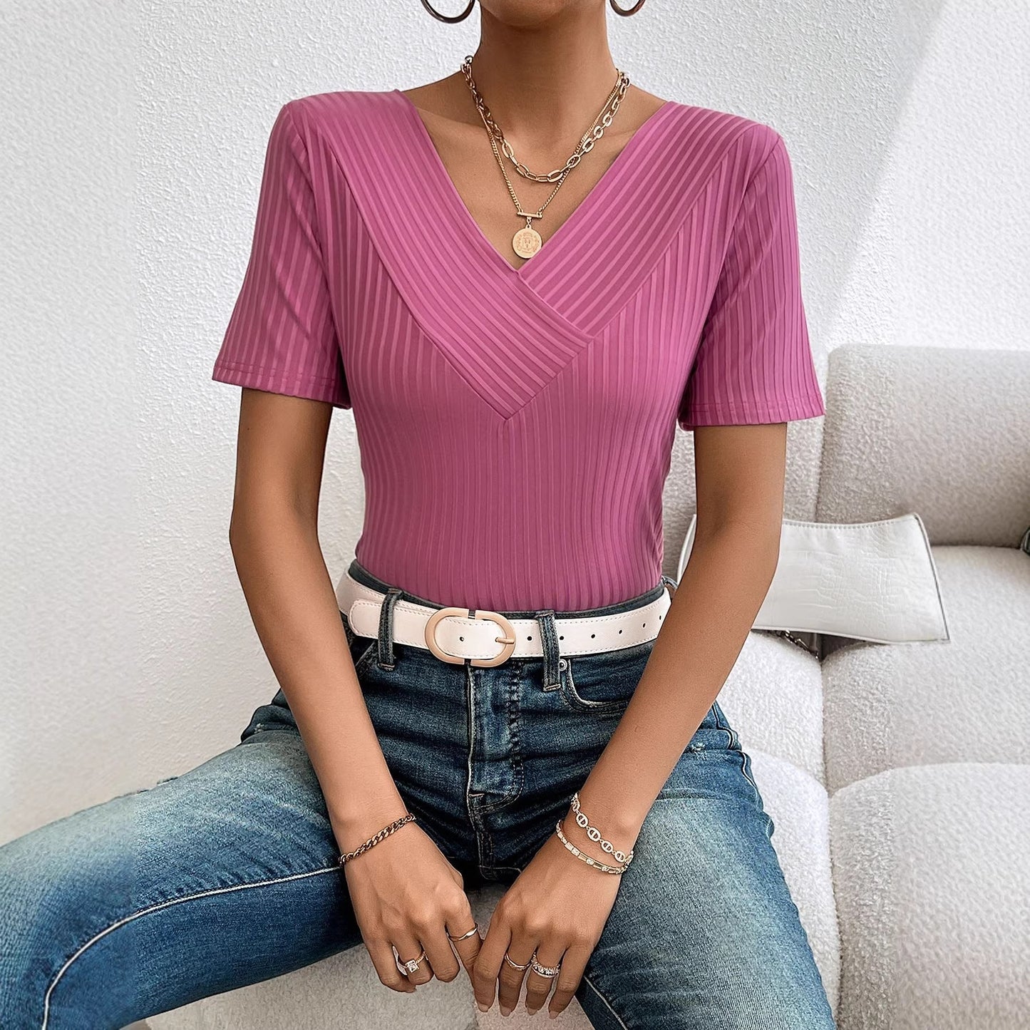 Damen T-Shirt V-Ausschnitt Plissiert Norvielle