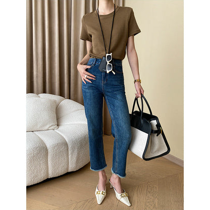 Damen High-Waist Jeans Fransensäume Norvielle