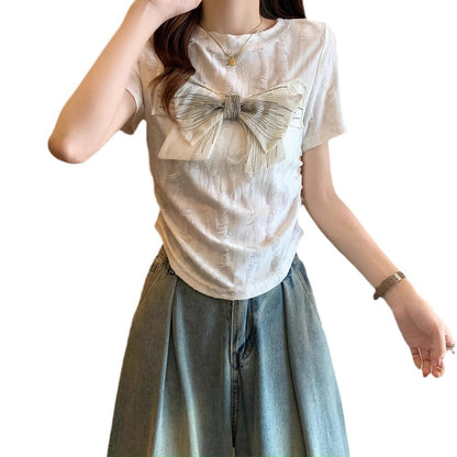 Damen Kurzarmshirt Dekoratives Schleifendetail