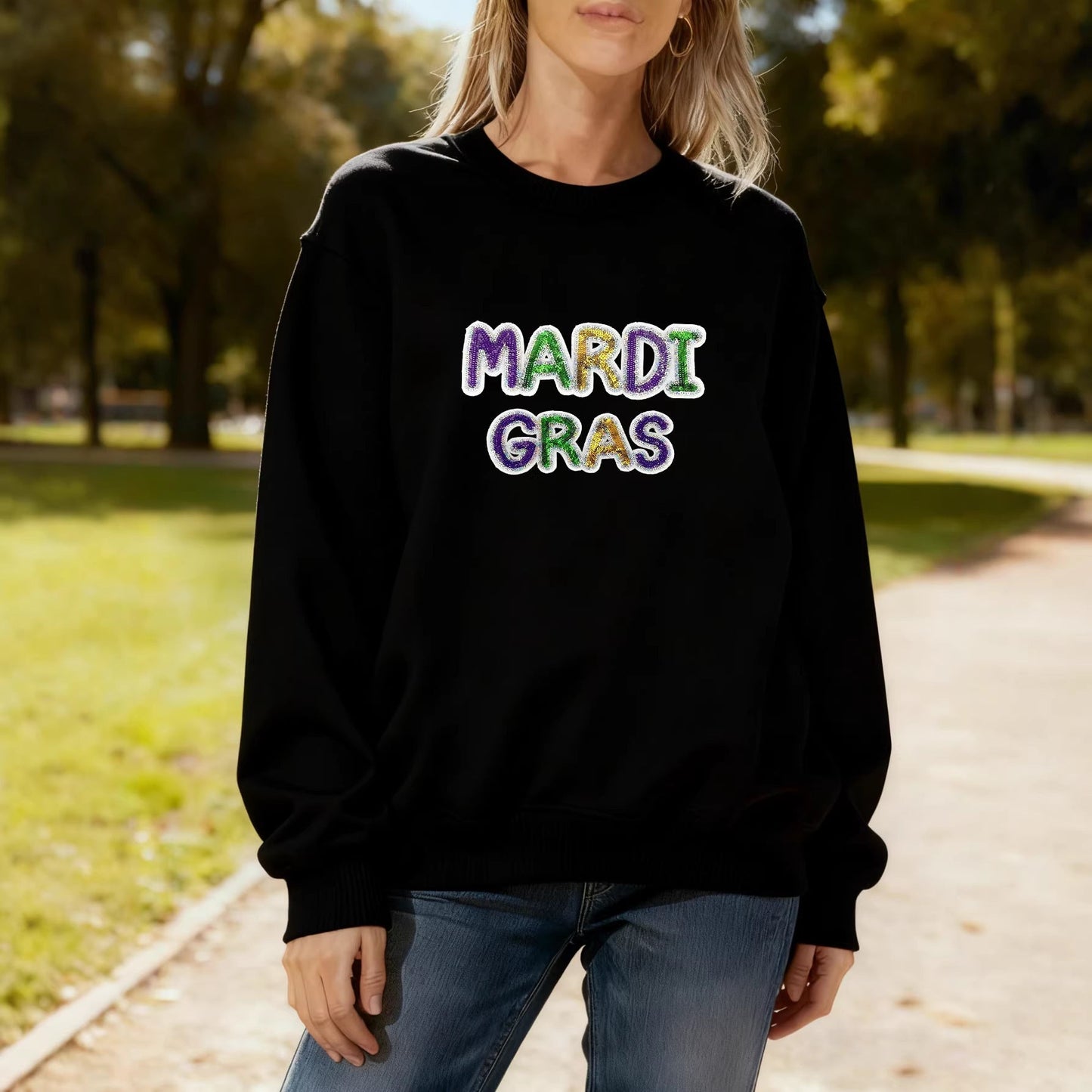 Damen Sweatshirt Mardi Gras Schriftzug Leicht Norvielle