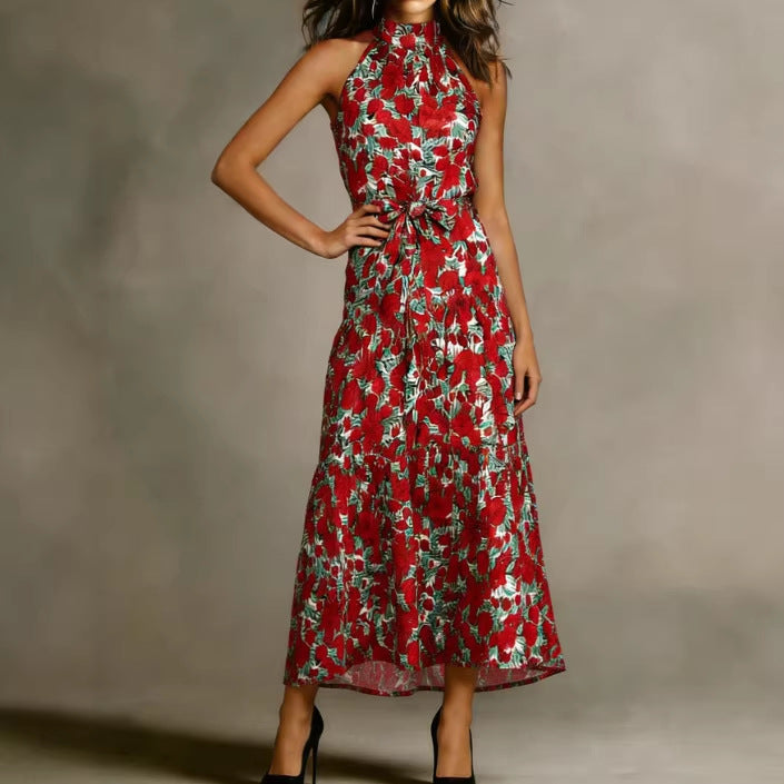 Damen Maxikleid Floralmuster Schmal Taillengürtel Norvielle