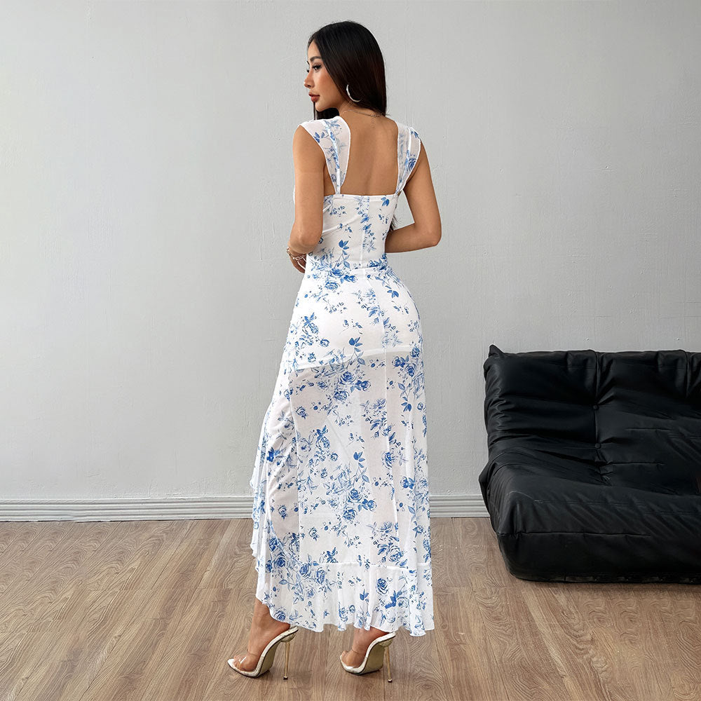Damen Maxikleid Floralmuster Seidenoptik Schlitz