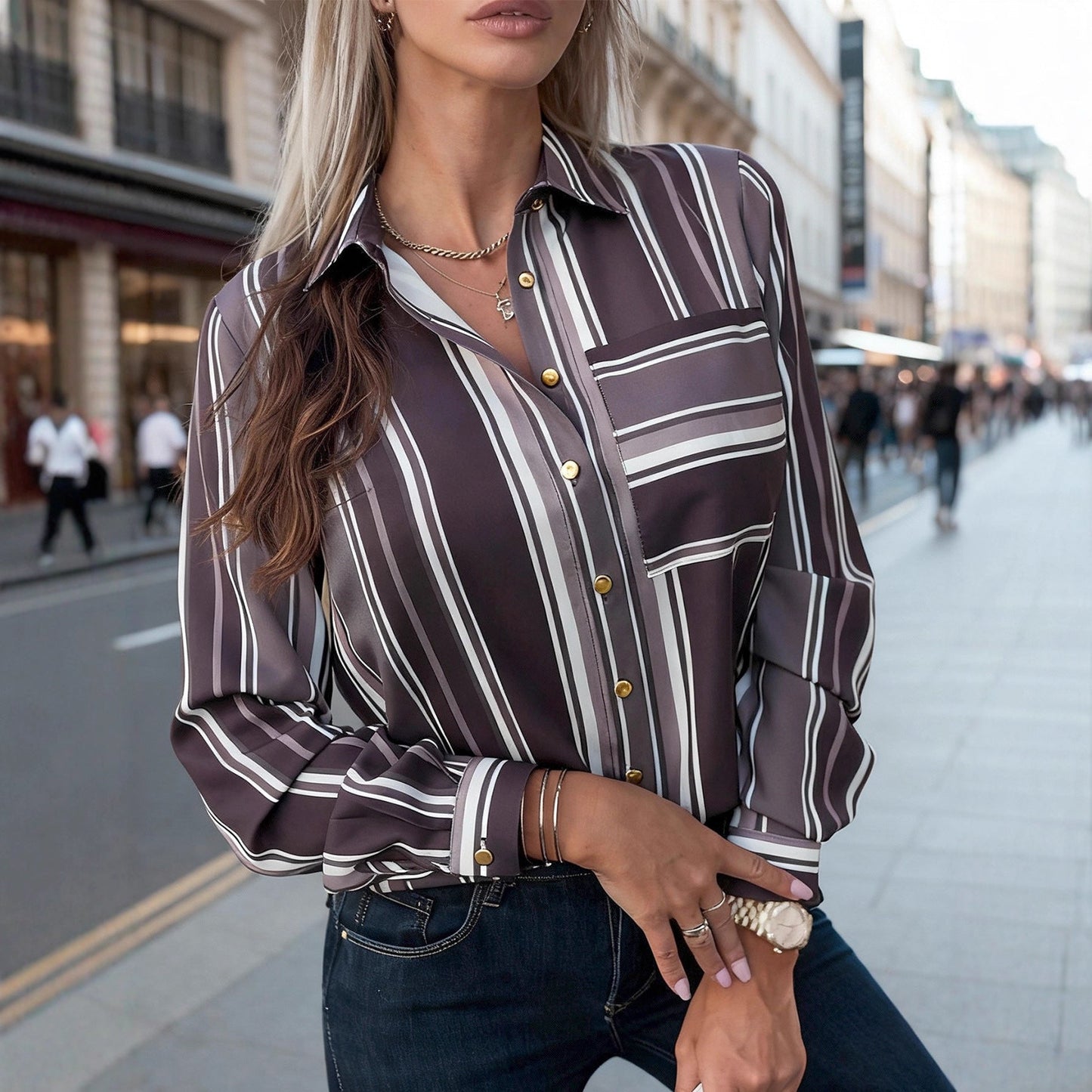 Damen Bluse feine Streifen klassischer Kragen Norvielle