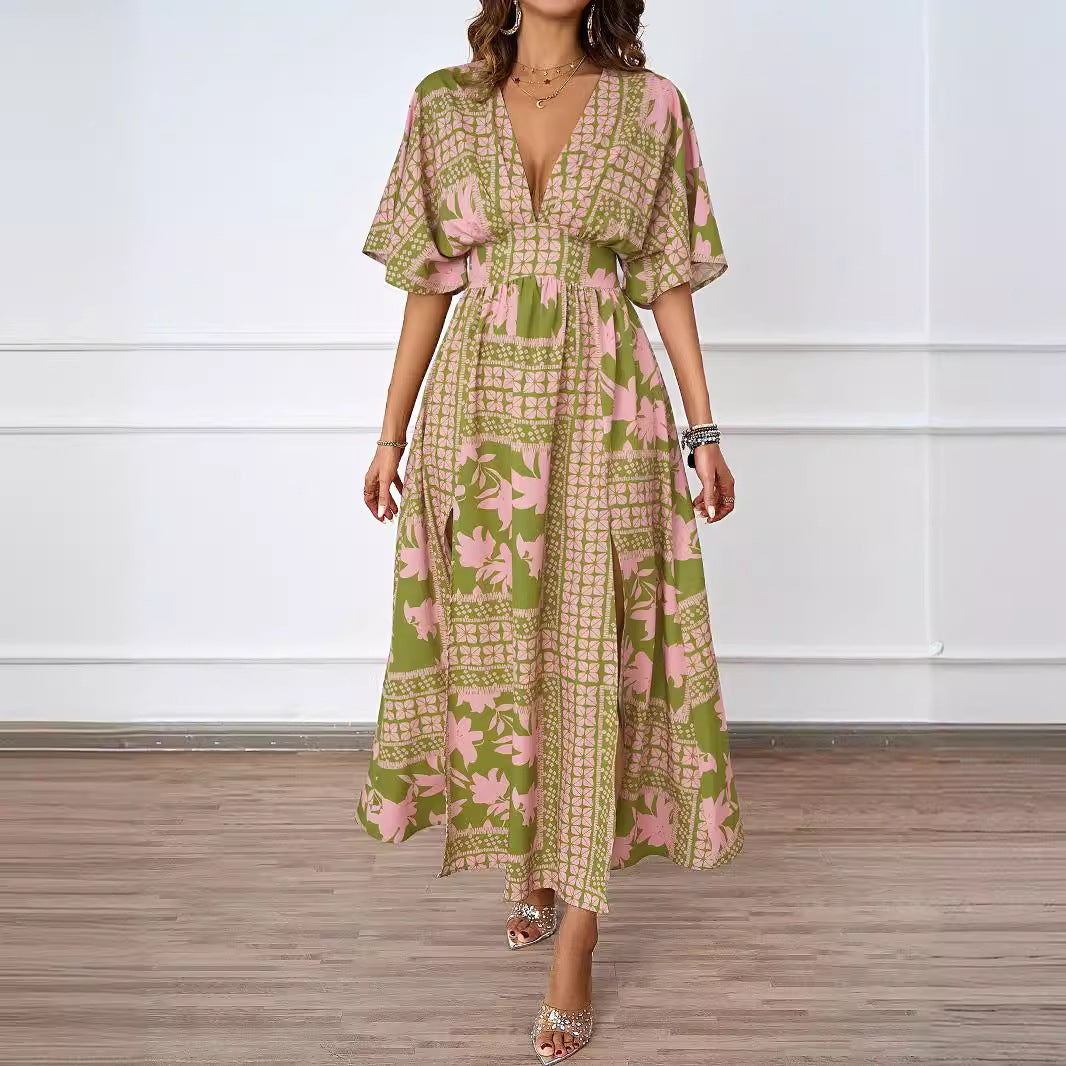 Damen Maxikleid V-Ausschnitt Seitenschlitz Norvielle