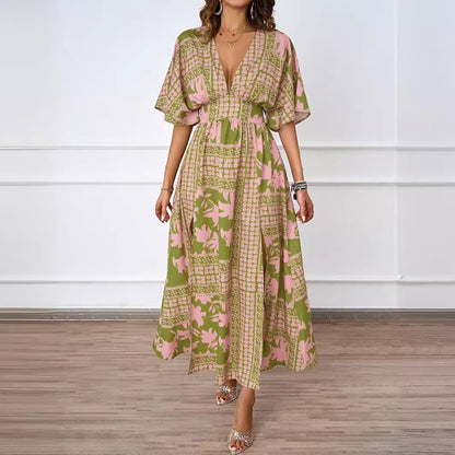 Damen Maxikleid V-Ausschnitt Seitenschlitz Norvielle