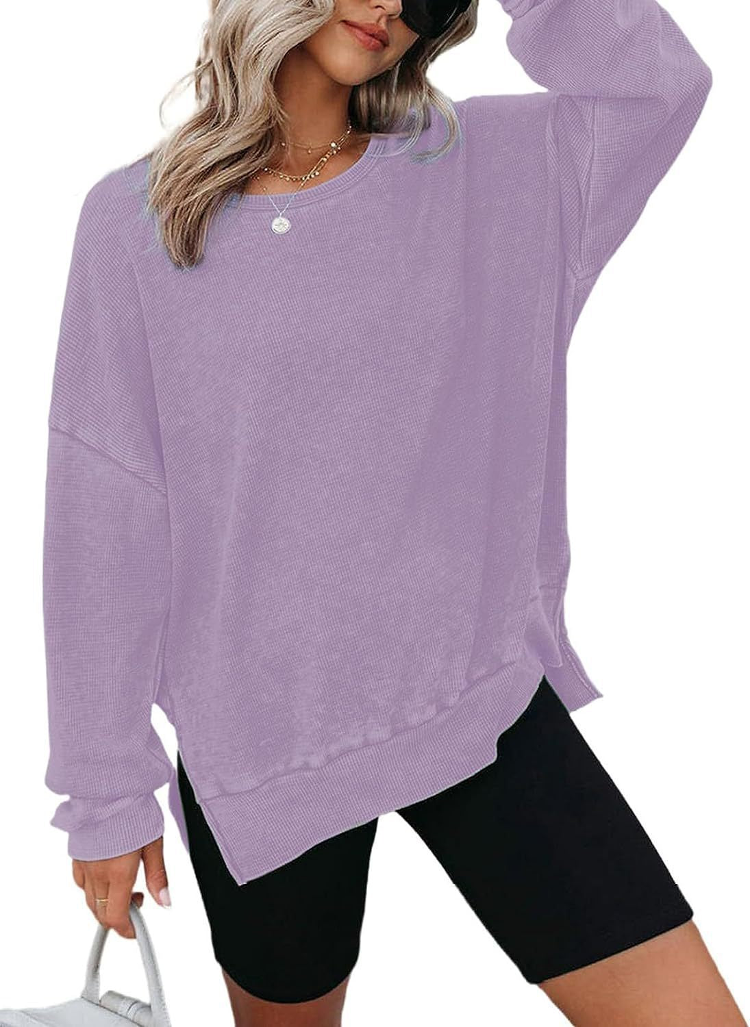 Damen Waffelpullover Mit Seitenschlitzen Norvielle