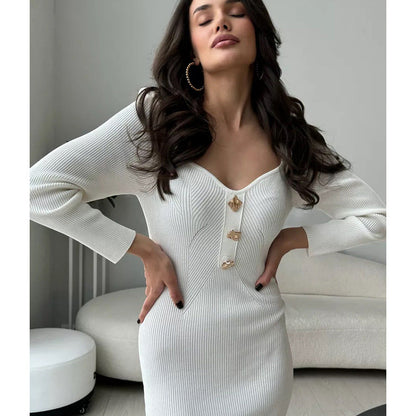 Damen Strickkleid V-Ausschnitt Dekorative Knöpfe - Norvielle