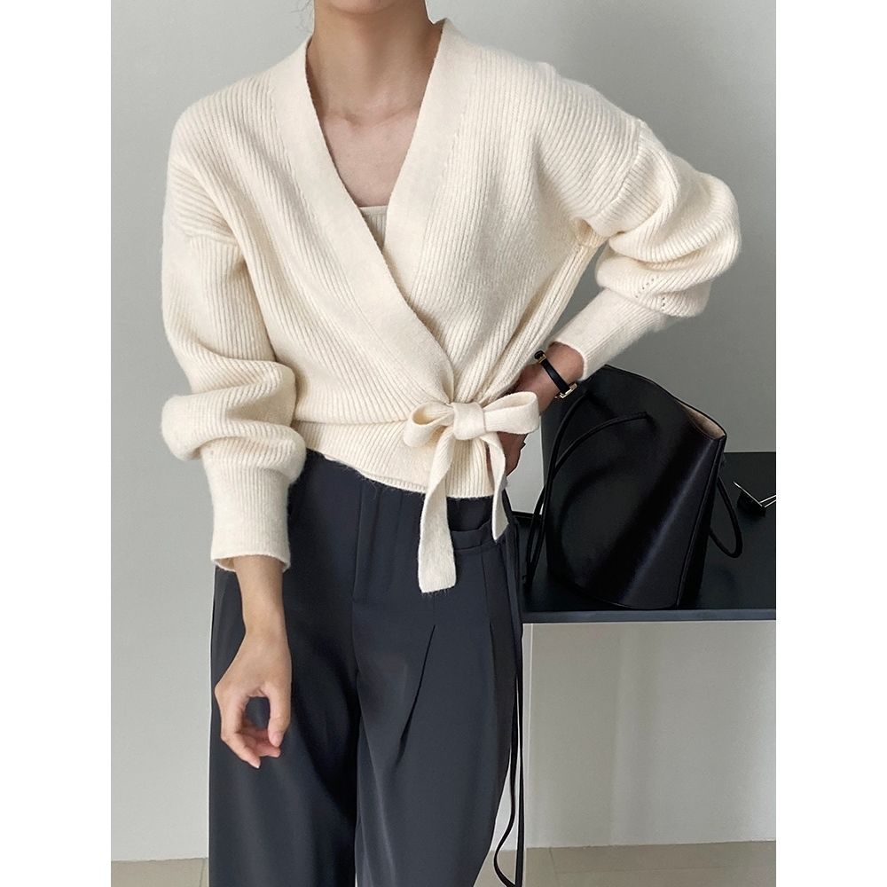 Damen Wickelpullover V-Ausschnitt Taillenzug Norvielle