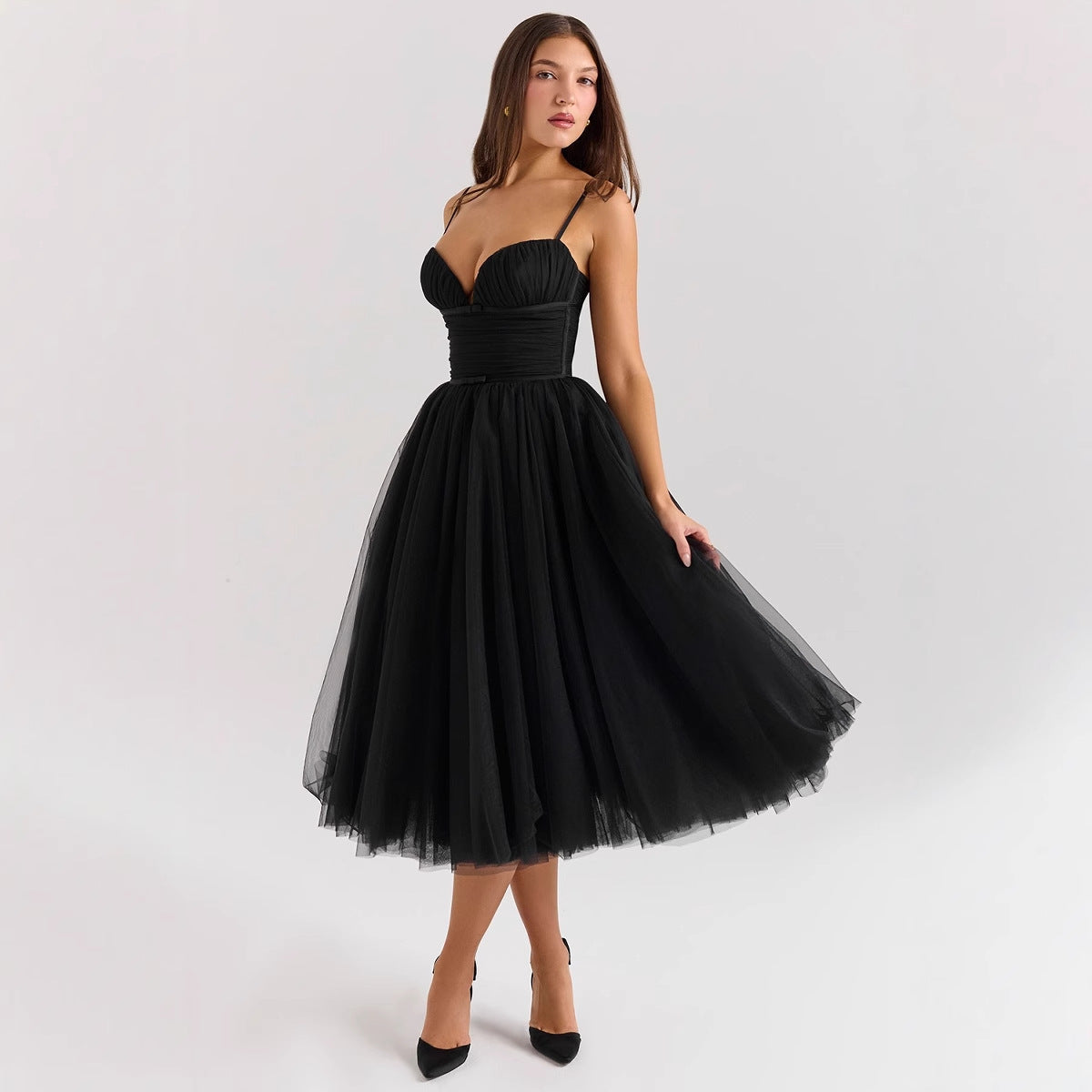 Damen Cocktailkleid Tüll V-Ausschnitt Taillengürtel Norvielle