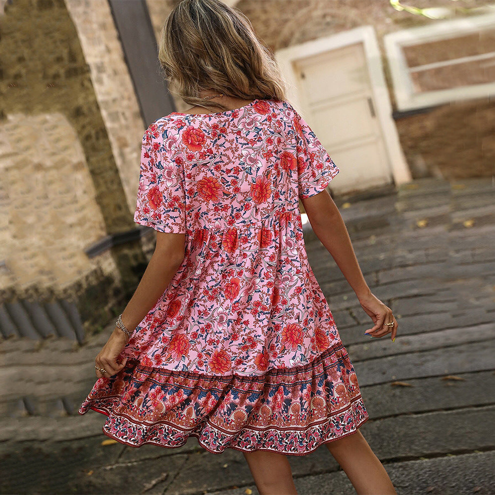 Damen Blumenkleid Sommer Rüschensaum Knöpfe Norvielle