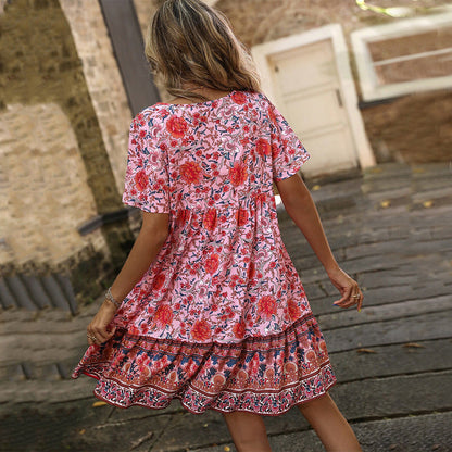 Damen Blumenkleid Sommer Rüschensaum Knöpfe Norvielle