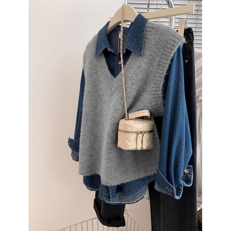 Damen V-Ausschnitt Strickpullover Lässiger Denim Look