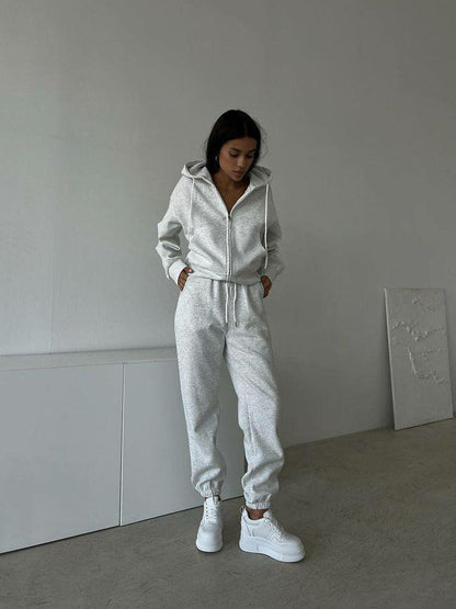 Damen Fleece-Jogginganzug Reißverschluss Kapuze Norvielle