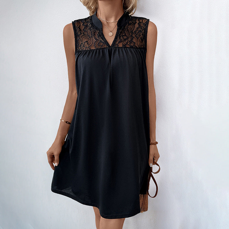 Damen Ärmelloses Kleid Spitzenoberteil Elegant Schwarz - Norvielle