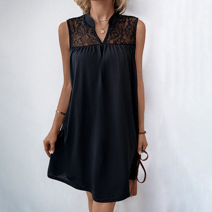 Damen Ärmelloses Kleid Spitzenoberteil Elegant Schwarz - Norvielle