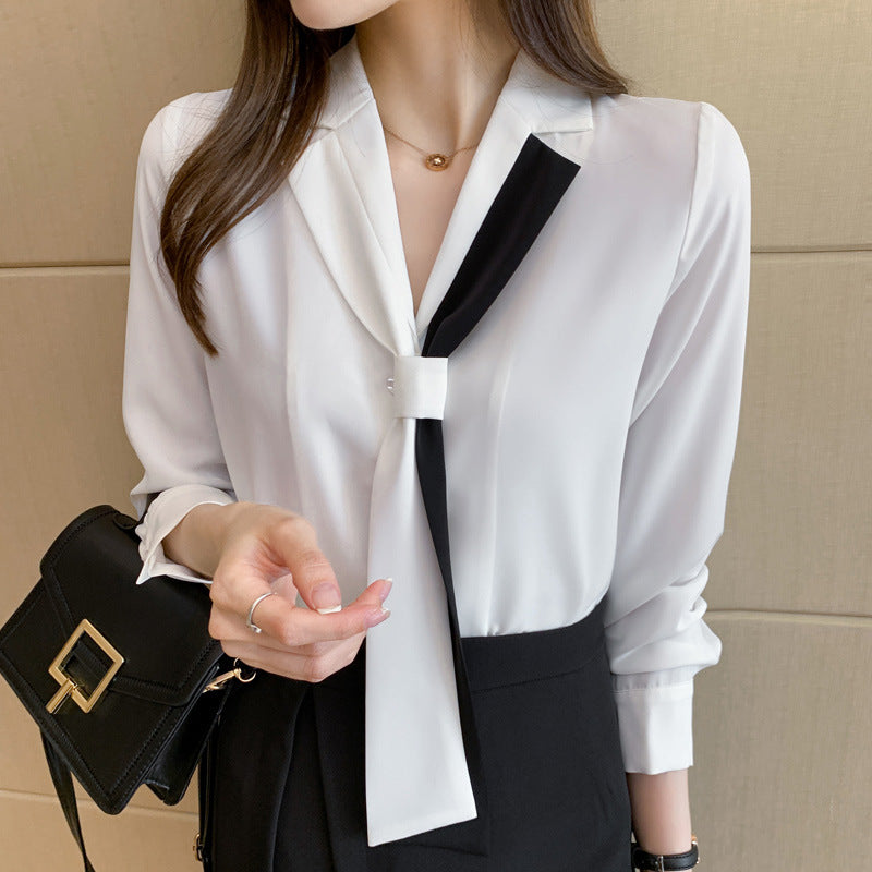 Damen Bluse mit Schleifenkragen und Kontrasten
