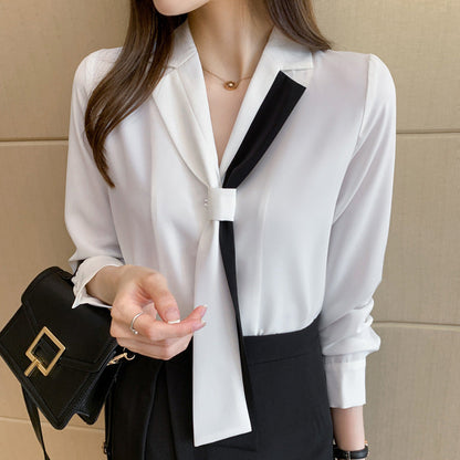 Damen Bluse mit Schleifenkragen und Kontrasten