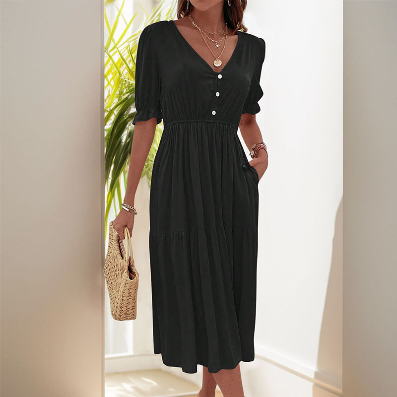 Damen Midi-Kleid Knopfdetail Voluminöse Ärmel Norvielle