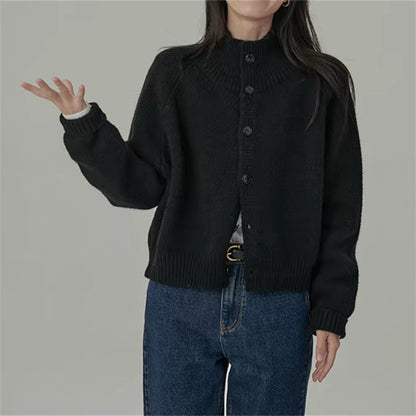 Damen Strickjacke Hochkragen Große Holzknöpfe Norvielle