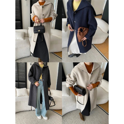 Damen Eleganter Langmantel Große Kapuze Knopfdetails Norvielle