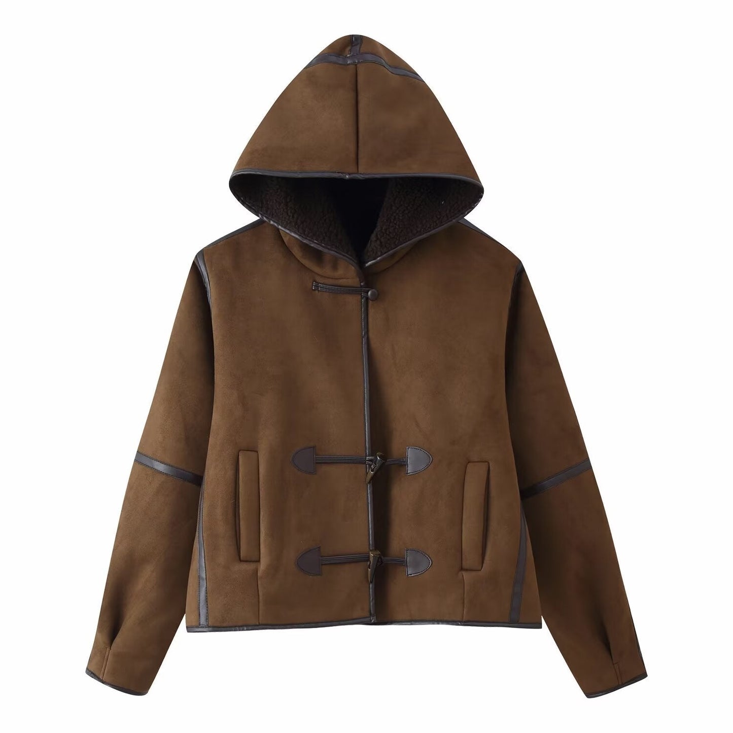 Damen Kunstlederjacke Kapuze Warmfutter