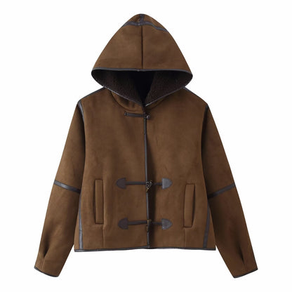 Damen Kunstlederjacke Kapuze Warmfutter