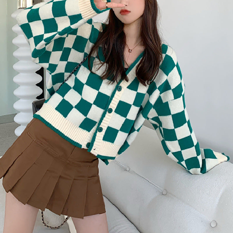 Damen Grobstrickjacke Karomuster Bequem Knöpfe Norvielle