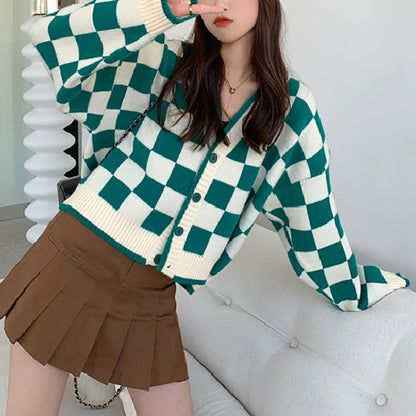Damen Grobstrickjacke Karomuster Bequem Knöpfe Norvielle