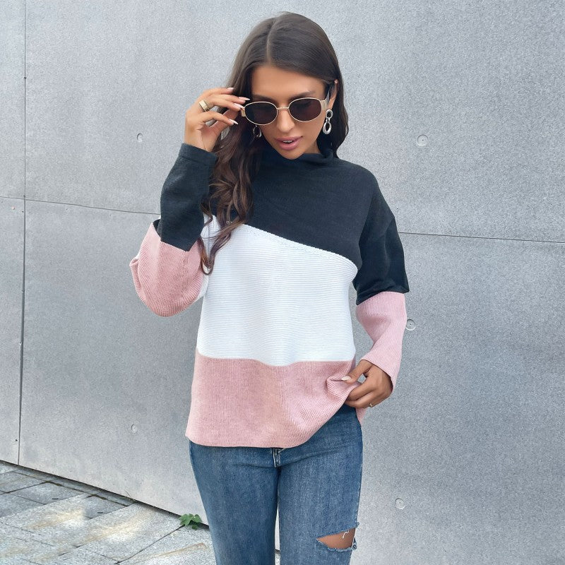 Damen Strickpullover Farbblock-Design Hochkragen