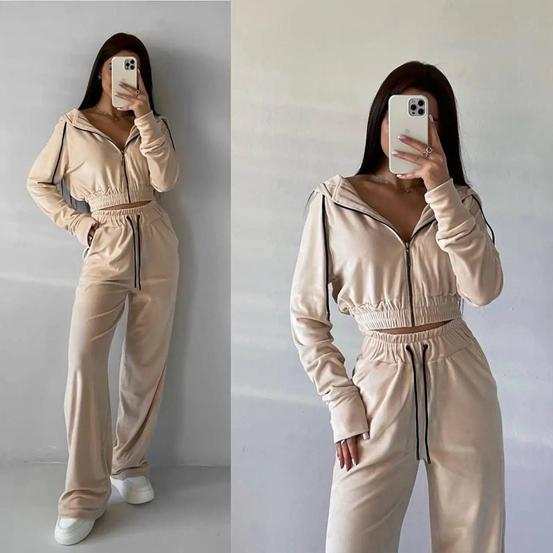 Damen Fleece-Set Cropped Oberteil Weite Hose