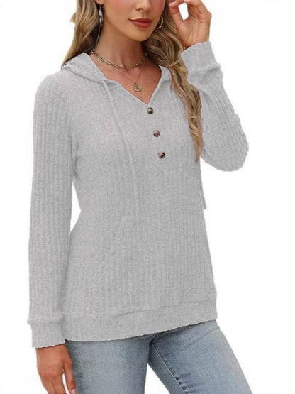 Damen Kapuzenpullover Kuschelfleece Knöpfe Seitentaschen Norvielle