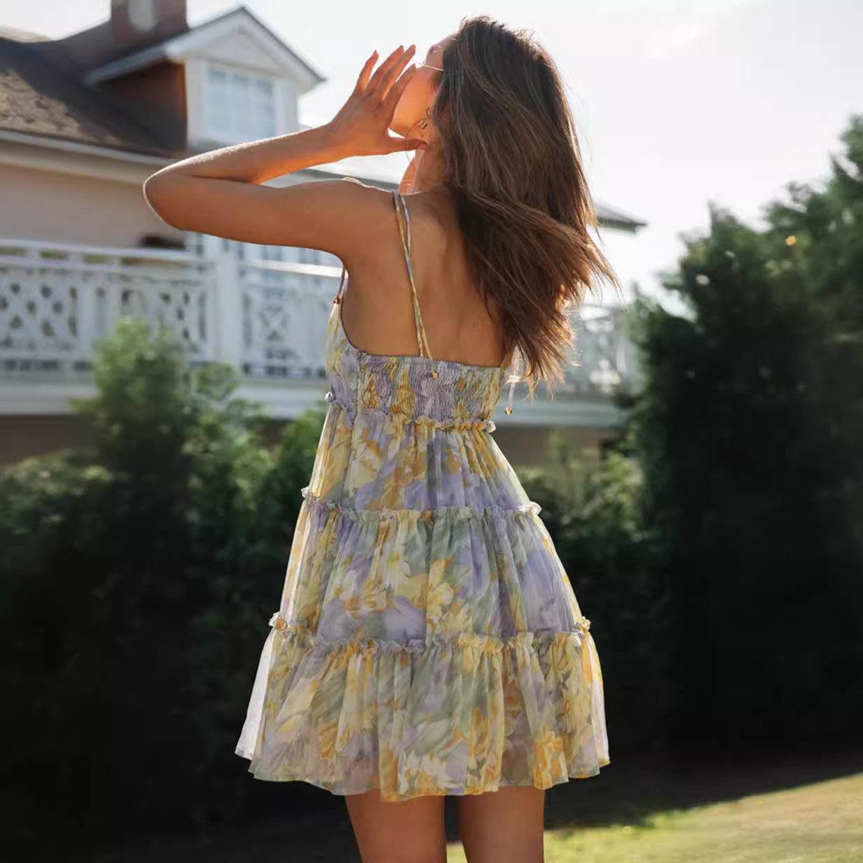 Damen Sommerkleid Luftig Rüschen Spaghetti-Träger Norvielle