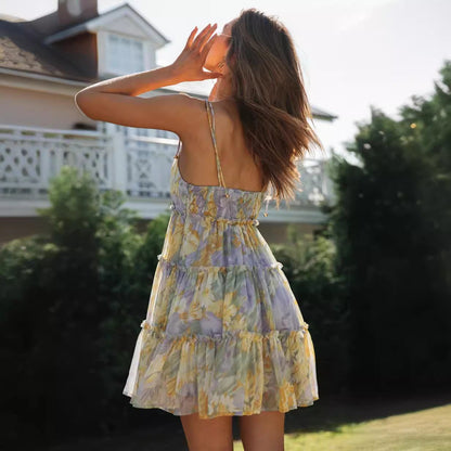 Damen Sommerkleid Luftig Rüschen Spaghetti-Träger Norvielle
