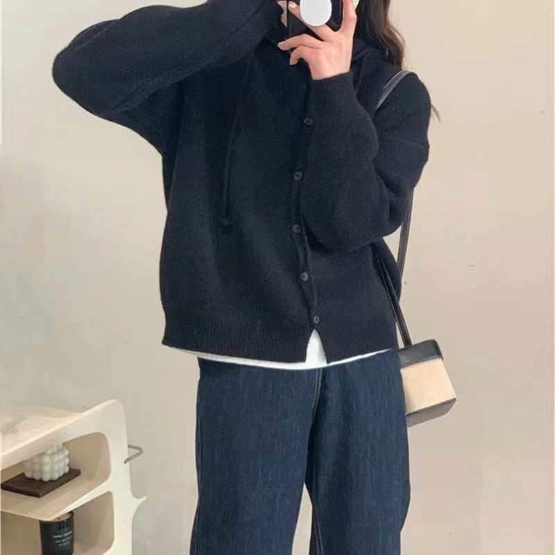 Damen Strickjacke mit Kapuze Knopfverschluss Norvielle