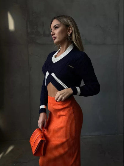 Damen Strickpullover V-Ausschnitt Kontrastdetails Norvielle