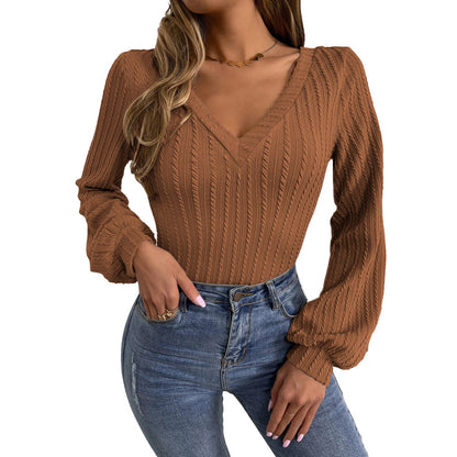 Damen Strickbody V-Ausschnitt Puffärmel Norvielle