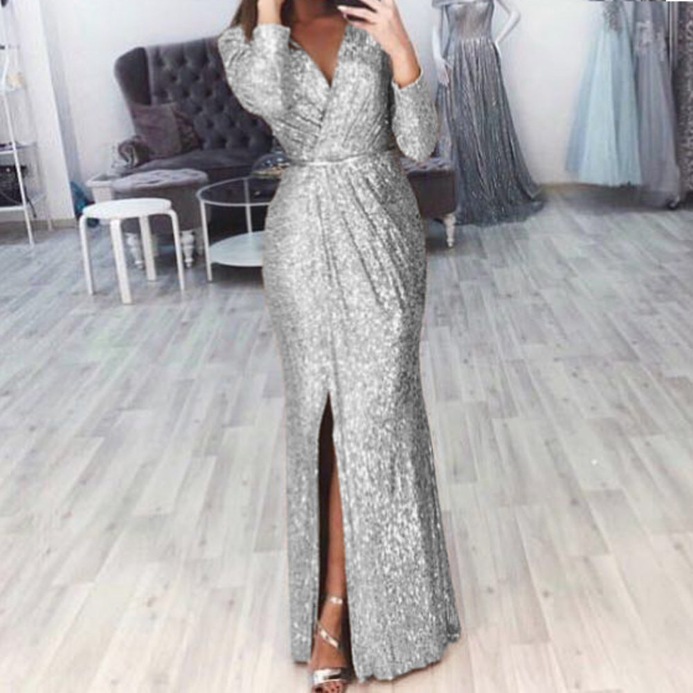 Damen Abendkleid Lang Wickelschnitt Schlitz Norvielle