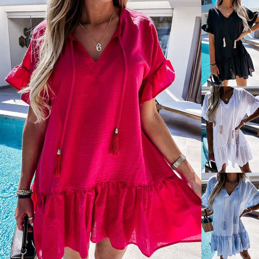 Damen Sommerkleid V-Ausschnitt Rüschendetails Kurzärmelig Norvielle - Norvielle