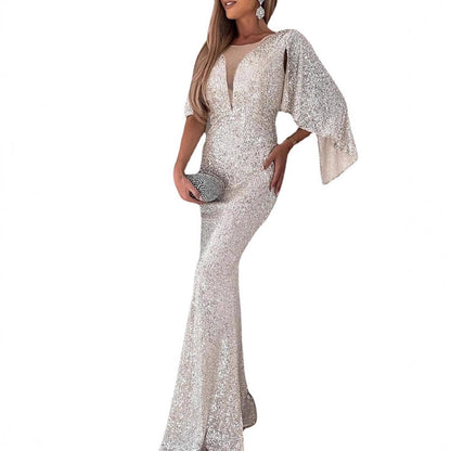 Damen Abendkleid V-Ausschnitt Flügelärmel Norvielle