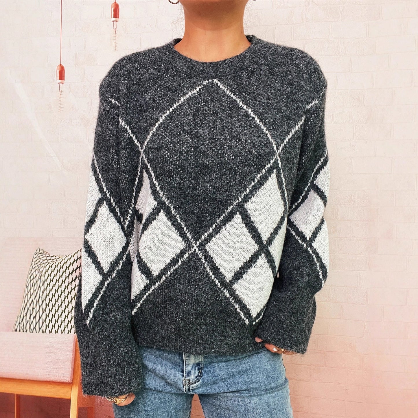 Damen Strickpullover Karomuster Norvielle