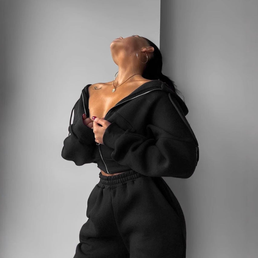 Damen Fleece-Loungewear-Set Cropped-Jacke Elastische Hose