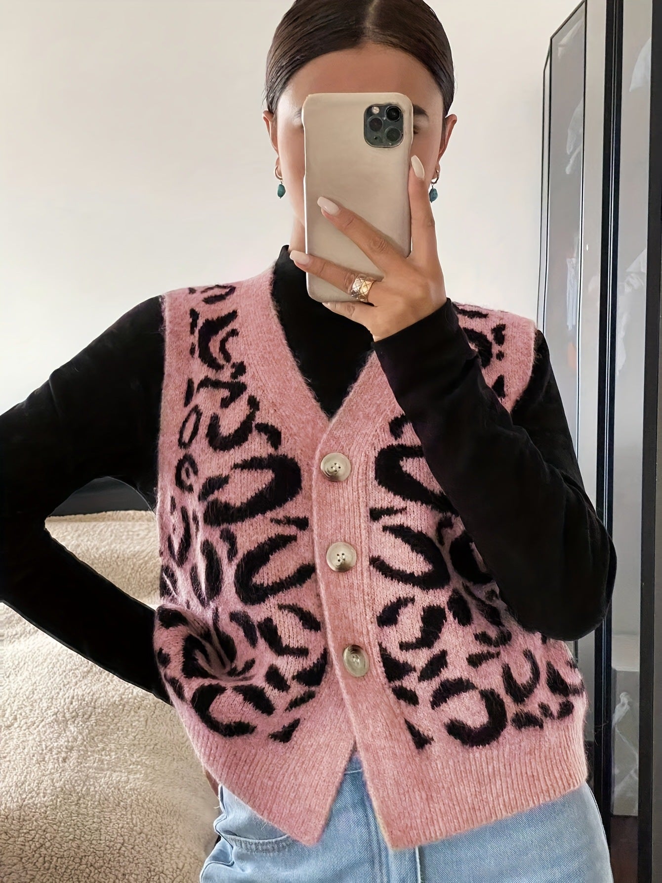Damen Strickweste Leoprint Hochwertig