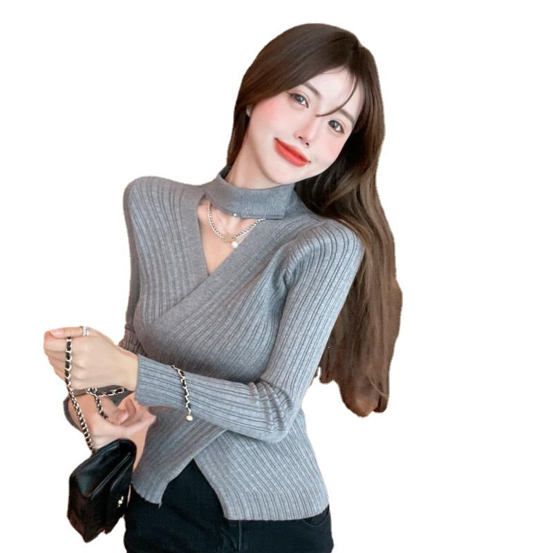 Damen Wickeloberteil Geripptes Strickmaterial Elegantes Design