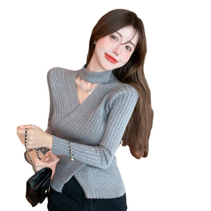 Damen Wickeloberteil Geripptes Strickmaterial Elegantes Design