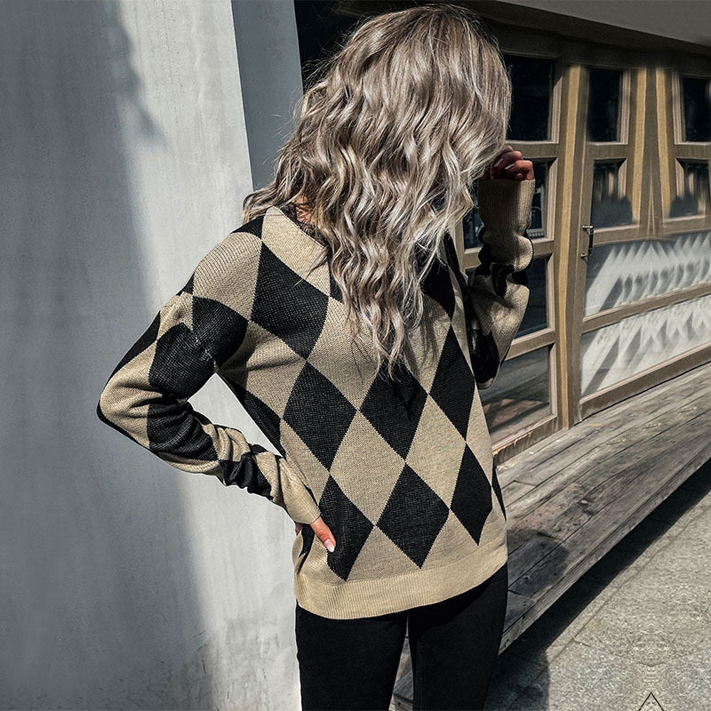 Damen Strickpullover Rautenmuster Hochkragen Norvielle