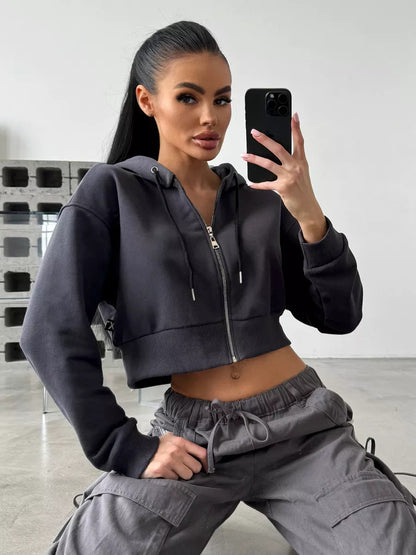 Damen Cropped Kapuzenjacke Reißverschluss Seitentaschen Norvielle