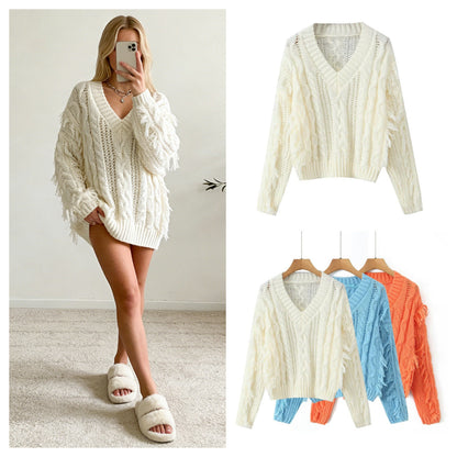 Damen Grobstrickpullover V-Ausschnitt Fransen Norvielle - Norvielle