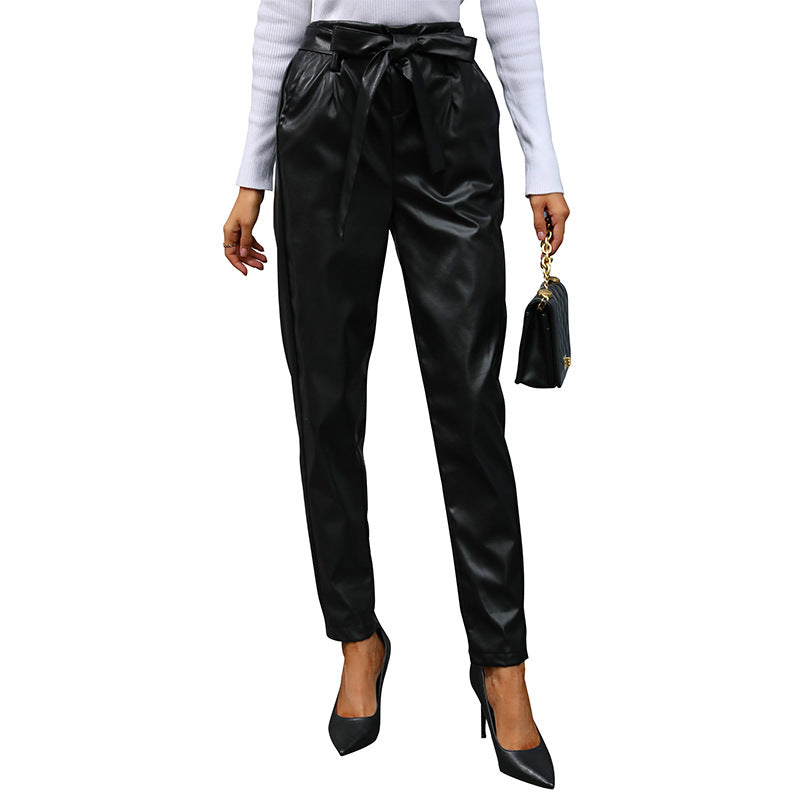 Damen Jogginghose Kunstleder Elegante Schleifenbindung
