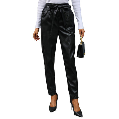 Damen Jogginghose Kunstleder Elegante Schleifenbindung
