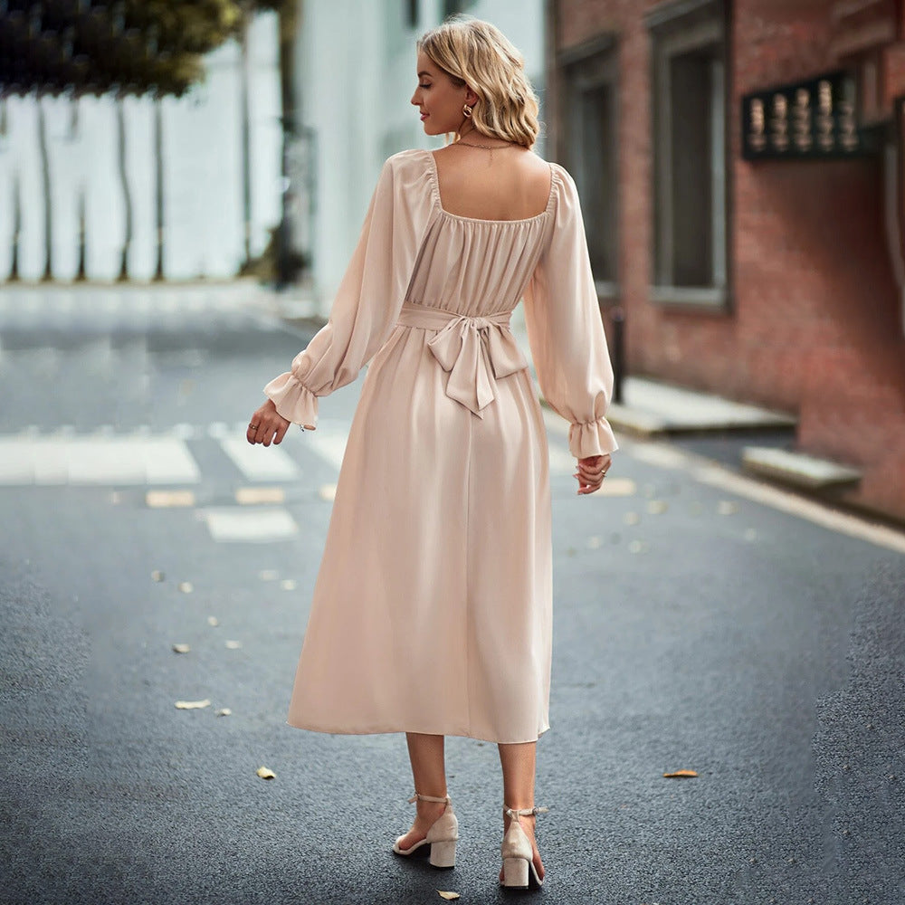 Damen Midi-Kleid Elegante Drapierung Langer Puffärmel Norvielle